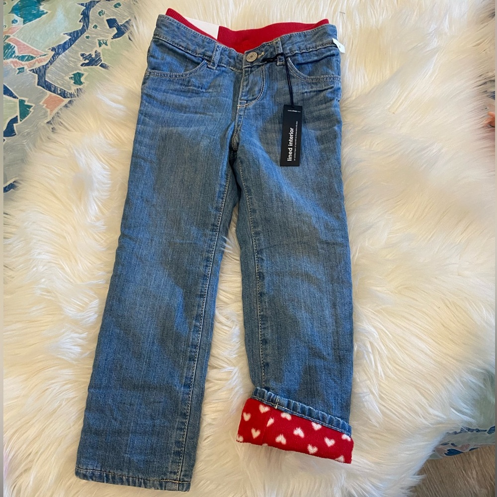 Heart, fleece lined jeans.
